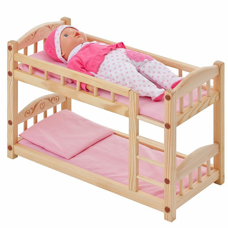 Двухъярусная кукольная кроватка из дерева с розовым текстилем  